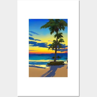 Summer Sunset Palm Tree Beach Ocean Art Posters and Art